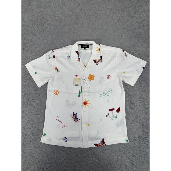 Malibu Other - Malibu Shirt Mens Medium Ecru Button Up Lightweight Embroidered Butterflies Life